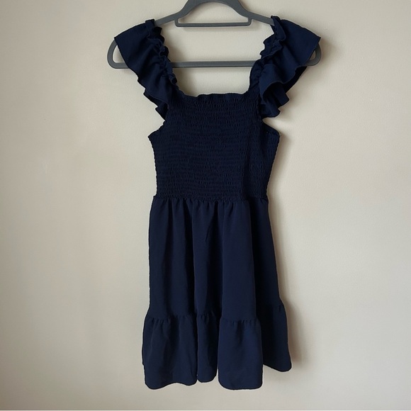 SHEIN Navy Blue Flutter Sleeve Tiered Ruffle Mini Dress Women’s Size Small - Picture 4 of 8